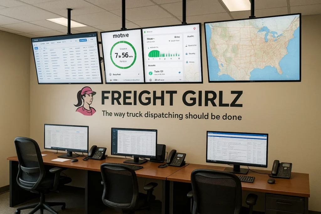 Freight Girlz office with large monitors hanging from ceiling.