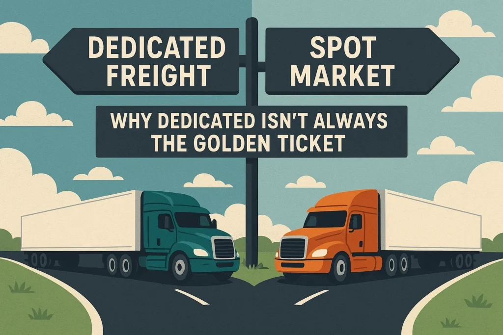 Dedicated freight vs spot market infographic with two trucks at road fork