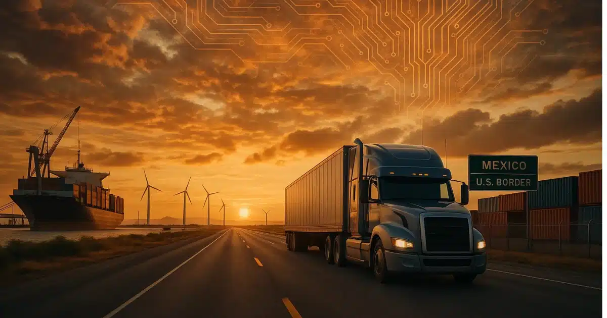 Semi-truck driving toward the U.S.–Mexico border at sunset with cargo ship, wind turbines, shipping containers, and digital circuit graphics in the sky — symbolizing 2025 freight trends, international trade, nearshoring, and AI in trucking.