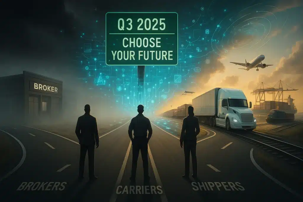 assets_task_01jx13smv5em7rwzzvb1b4av8p_1749163063_img_1 - Freight Girlz Three silhouetted logistics professionals stand at a forked road labeled “Brokers,” “Carriers,” and “Shippers,” facing a glowing digital sign that reads “Q3 2025 – Choose Your Future.” The left path leads to a dark, outdated broker building; the center continues into a tech-driven highway; and the right shows a futuristic freight lane with a semi-truck, cargo ship, train, and airplane under a bright digital sky — symbolizing transformation in the U.S. freight industry.