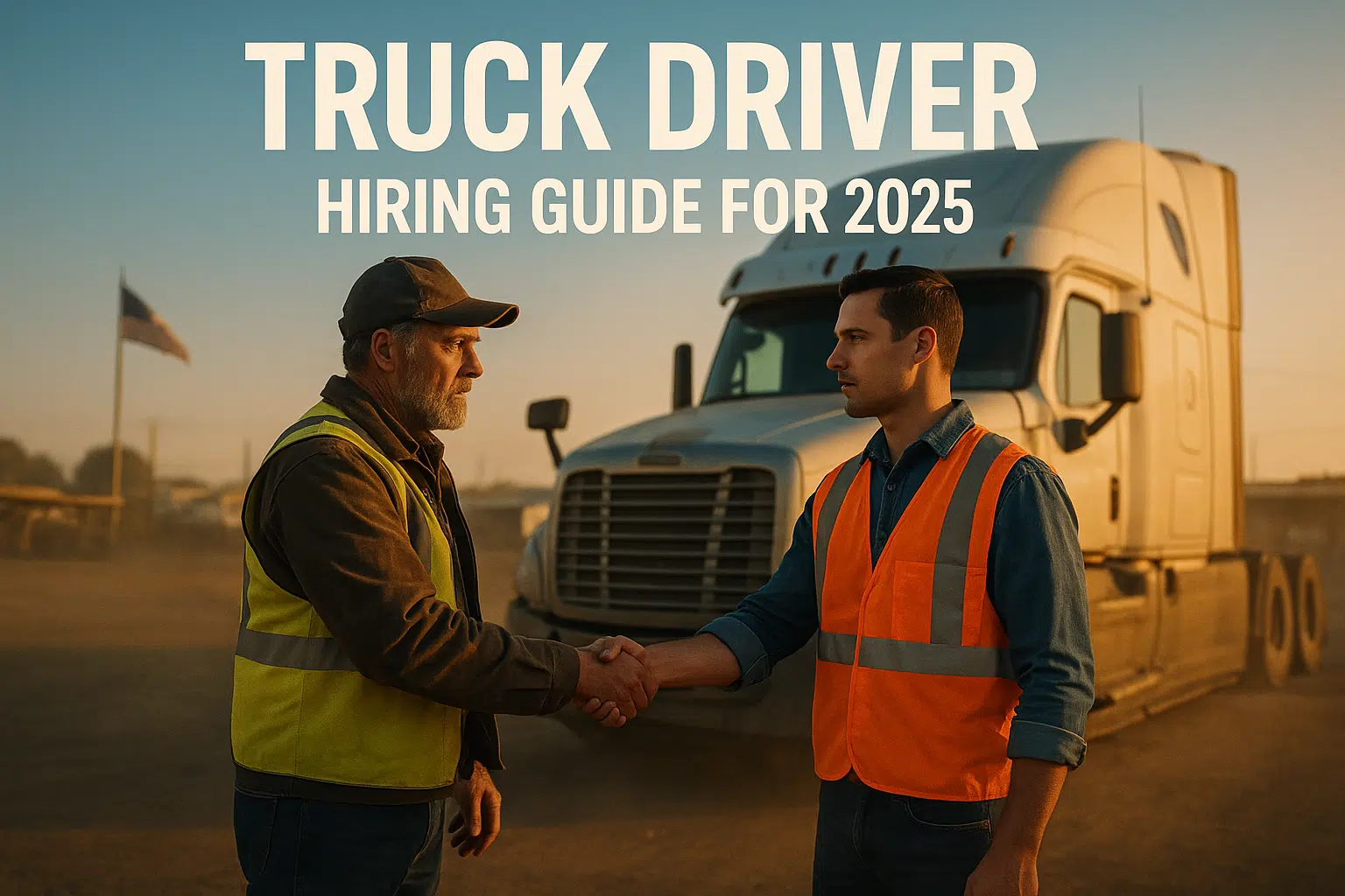 Truck Driver Hiring Agreement at Sunrise – 2025 Guide Cover Truck Driver Hiring Guide 2025 – Fleet owner shaking hands with a CDL driver near a semi-truck at sunrise