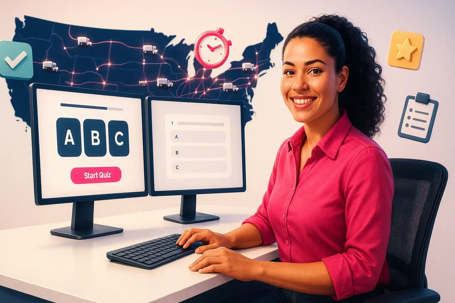 Trucking Quizzes – Dispatcher at Dual Monitors with U.S. Route Map Smiling female dispatcher at a desk with dual monitors showing quiz options, in front of a U.S. route map with tiny trucks.