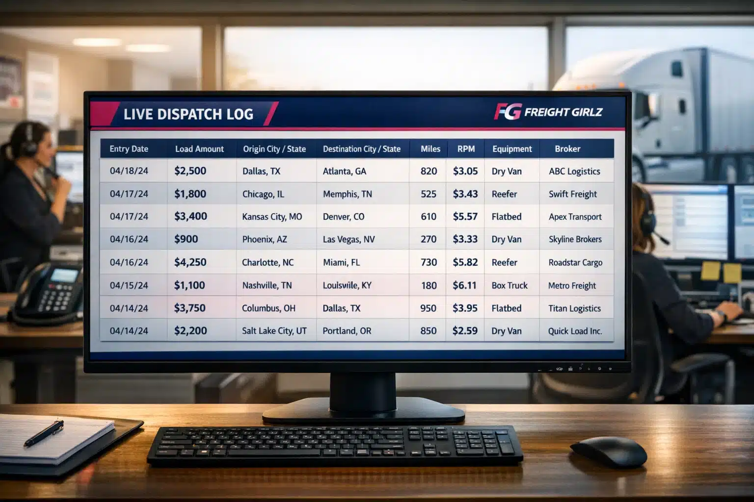 Live truck dispatch log dashboard and freight market intelligence visual