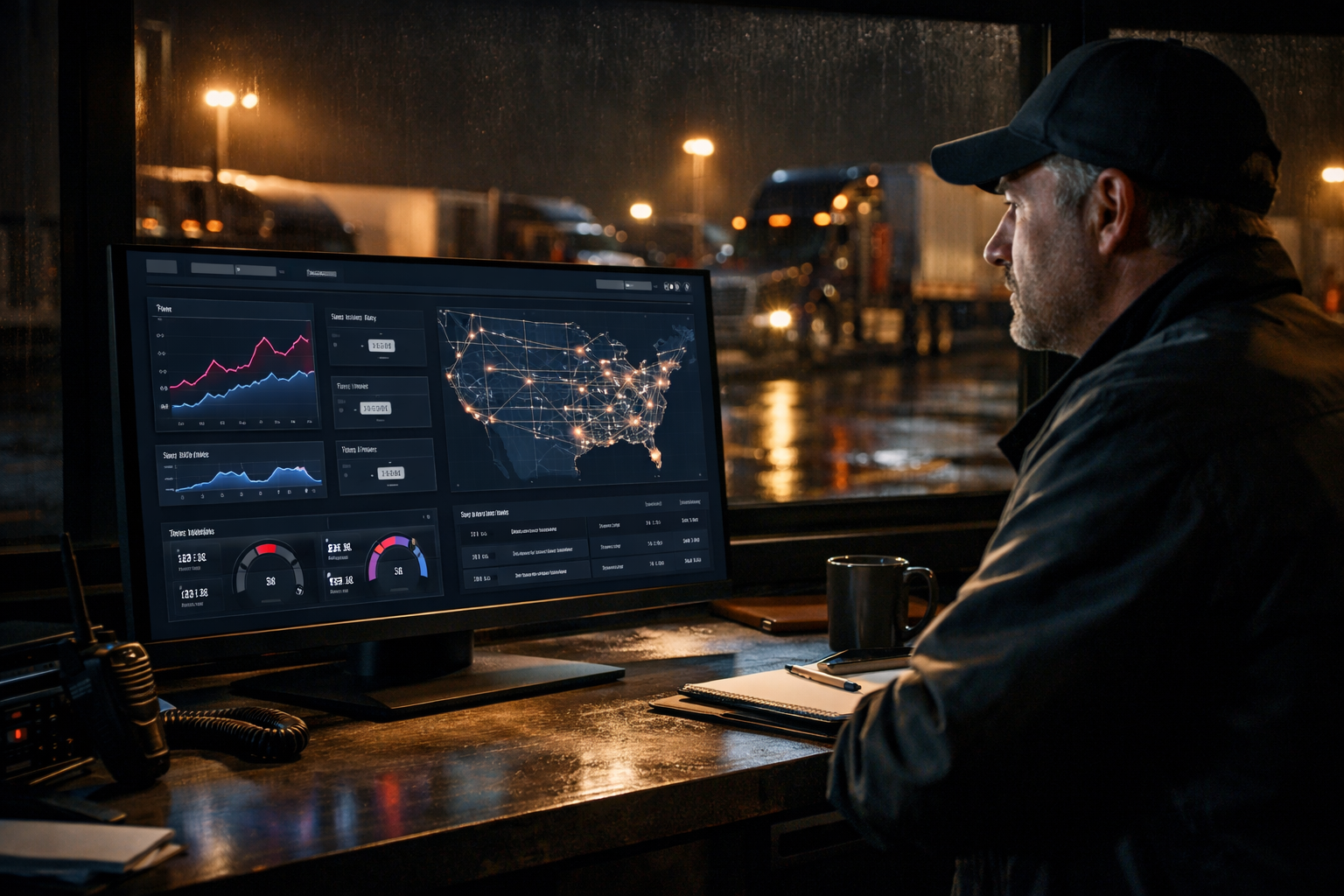 Carrier dashboard showing live RPM, load totals, and map data at a trucking command center