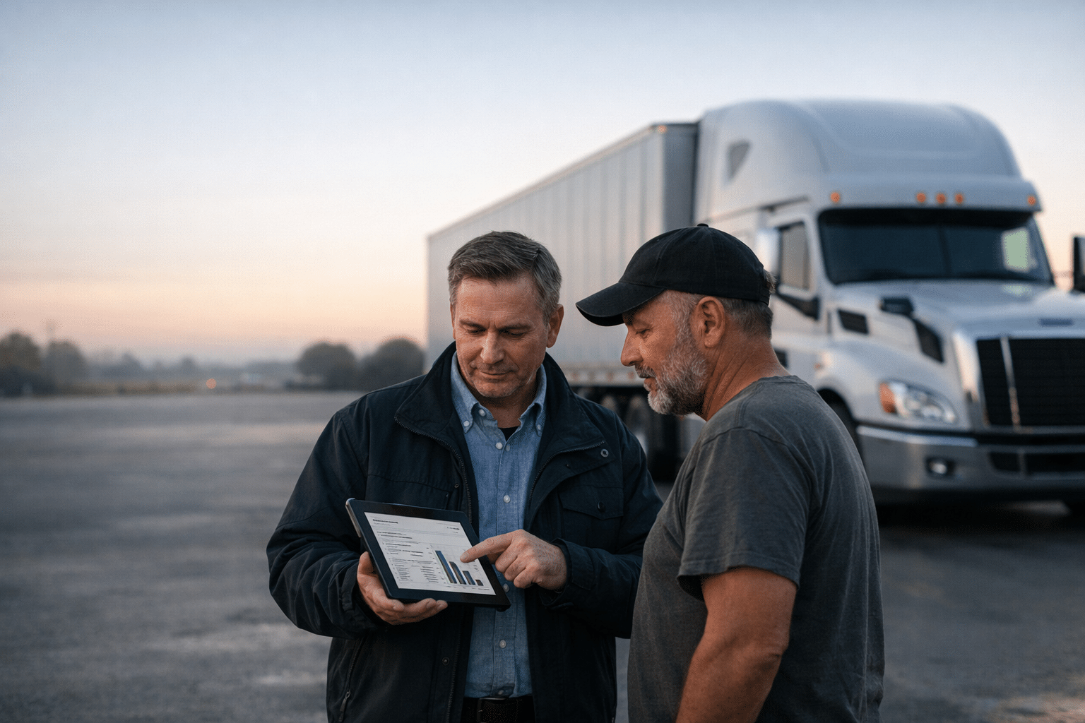 Truck dispatcher and owner-operator reviewing dispatcher rates and fee options on a tablet beside a semi truck