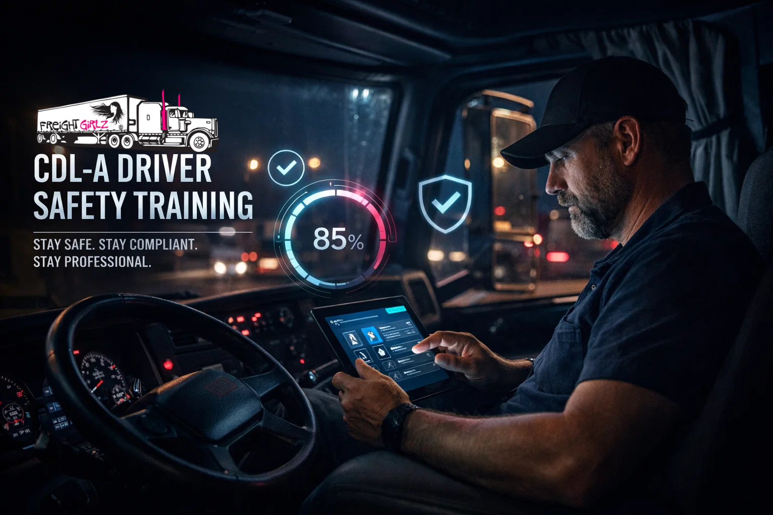 CDL monthly safety training for truck drivers completing a digital training module on a tablet inside a semi truck at night