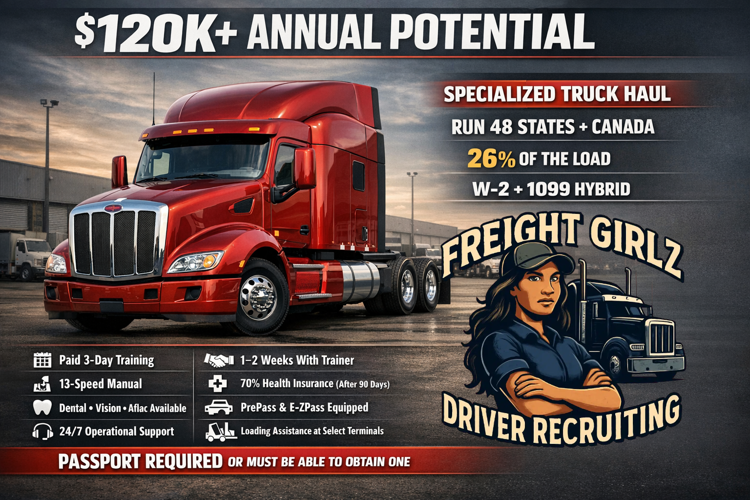 Job 403 driver recruitment flyer for specialized truck haul: Class A CDL driver hauling Class 4, 5, and 6 trucks across 48 states and Canada, $120K+ potential, passport required or able to obtain.
