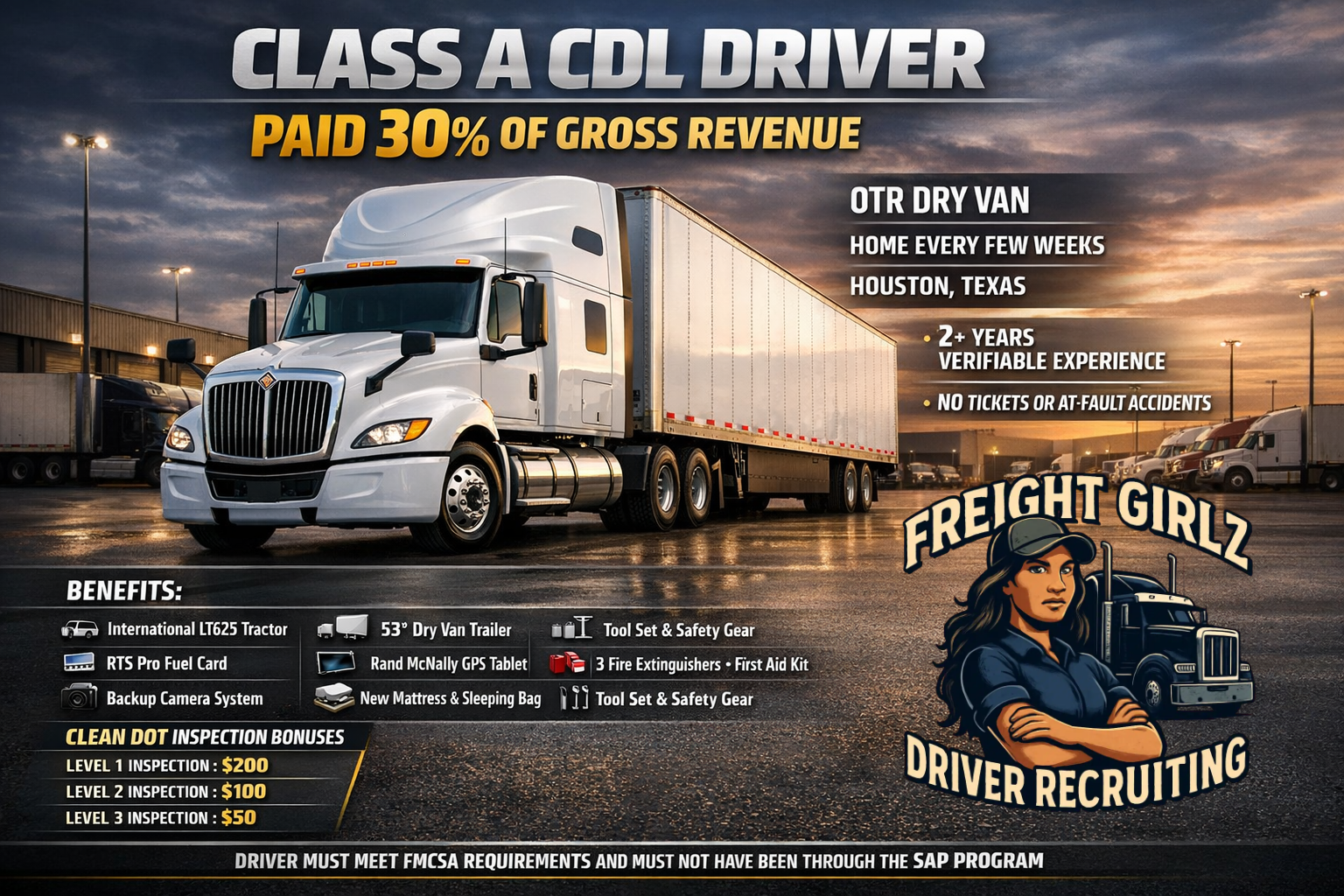 White International LT625 semi truck pulling a tandem axle 53 foot dry van trailer featured in a Class A CDL OTR driver recruitment flyer highlighting 30 percent of gross pay and Houston Texas location.