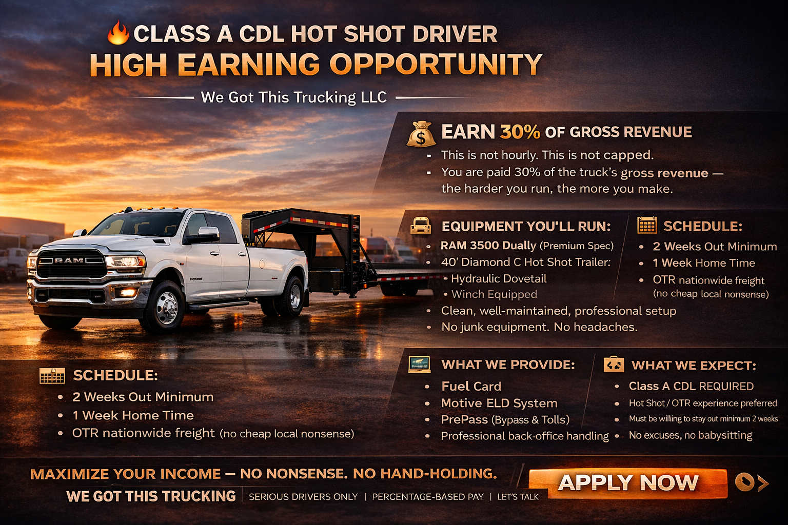 Class A CDL hot shot driver job advertisement featuring RAM 3500 dually and 40 foot Diamond C trailer with 30 percent pay, OTR 2 weeks out 1 week home, We Got This Trucking LLC
